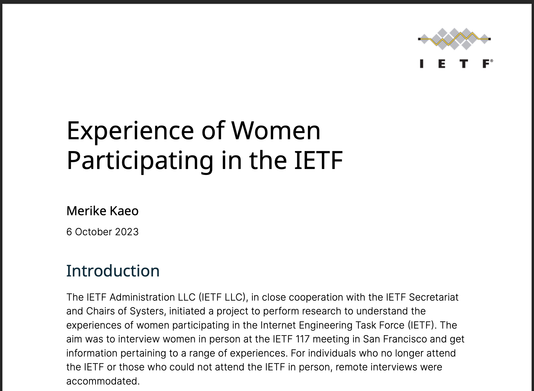 Report on Experience of Women participating in the IETF